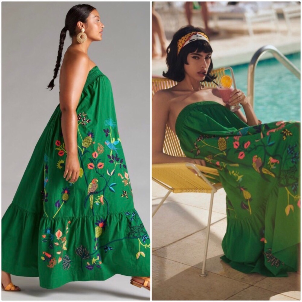 NWT ANTHROPOLOGIE RUFFLED FLORAL STRAPLESS EMBROIDERED MAXI DRESS IN GREEN